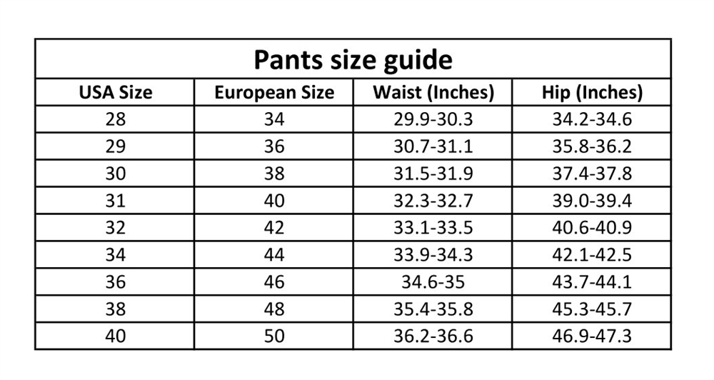Pants Size Compare